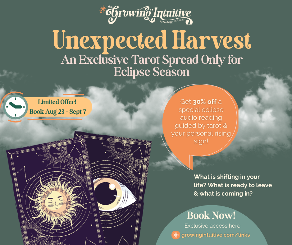 Promotional poster advertising the Unexpected Harvest eclipse tarot reading - 30% off, only offered until Sept 7, 2025