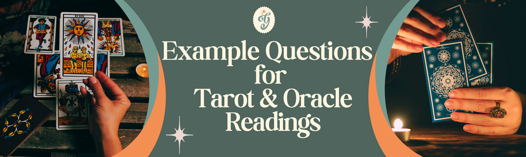 Banner shows tarot cards in a spread on a table. Text reads "Example Questions for Tarot & Oracle Readings"
