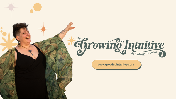 Julia stands with arms outstretched on a cream background with the GrowingIntuitive logo and button.