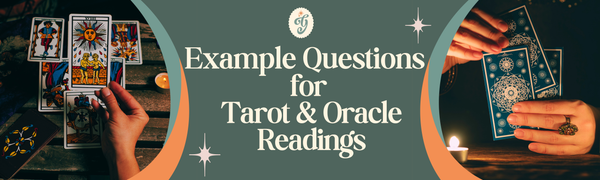Banner shows tarot cards in a spread on a table. Text reads "Example Questions for Tarot & Oracle Readings"